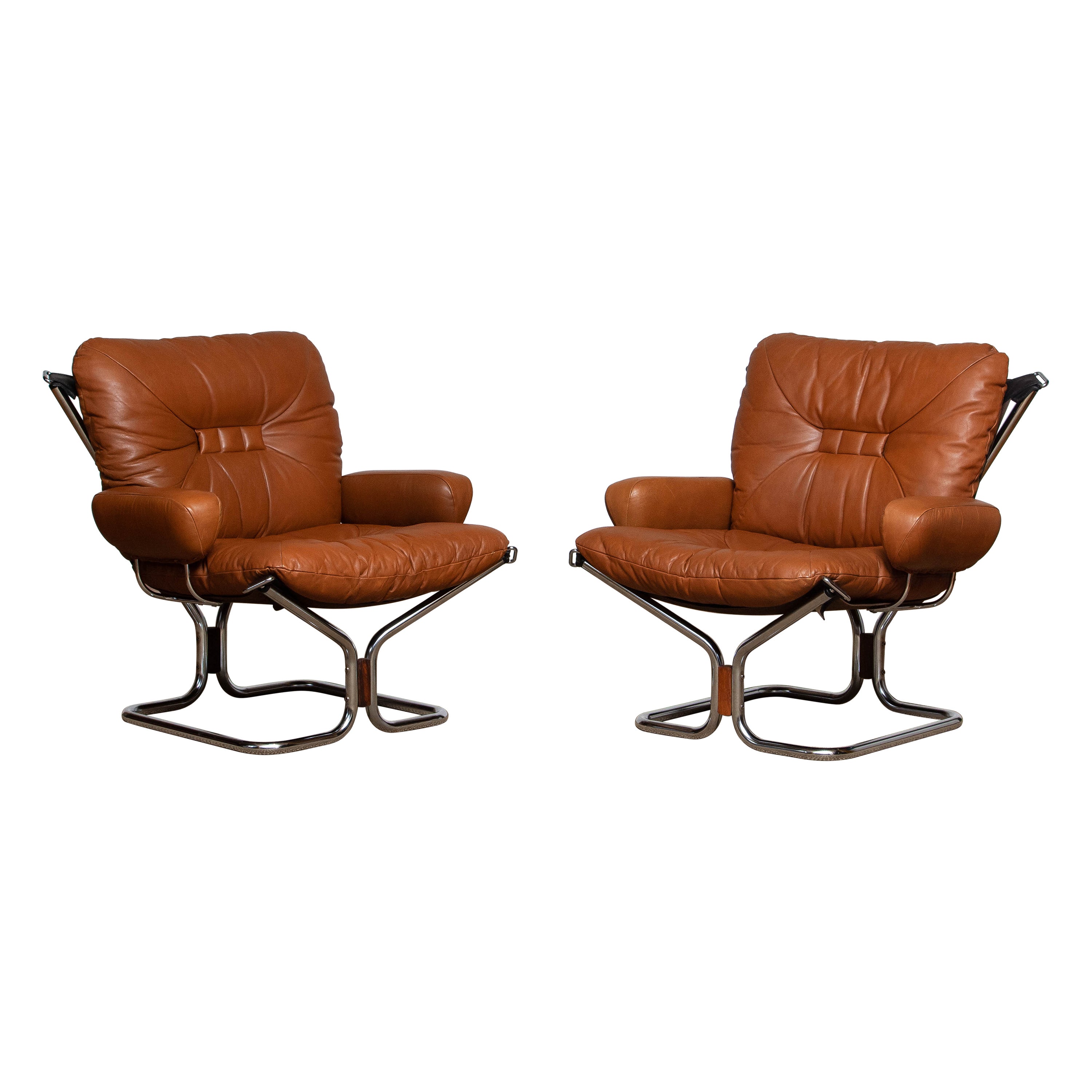 1970s Pair Lounge Chairs in Cognac Leather and Chrome by Harald Relling 