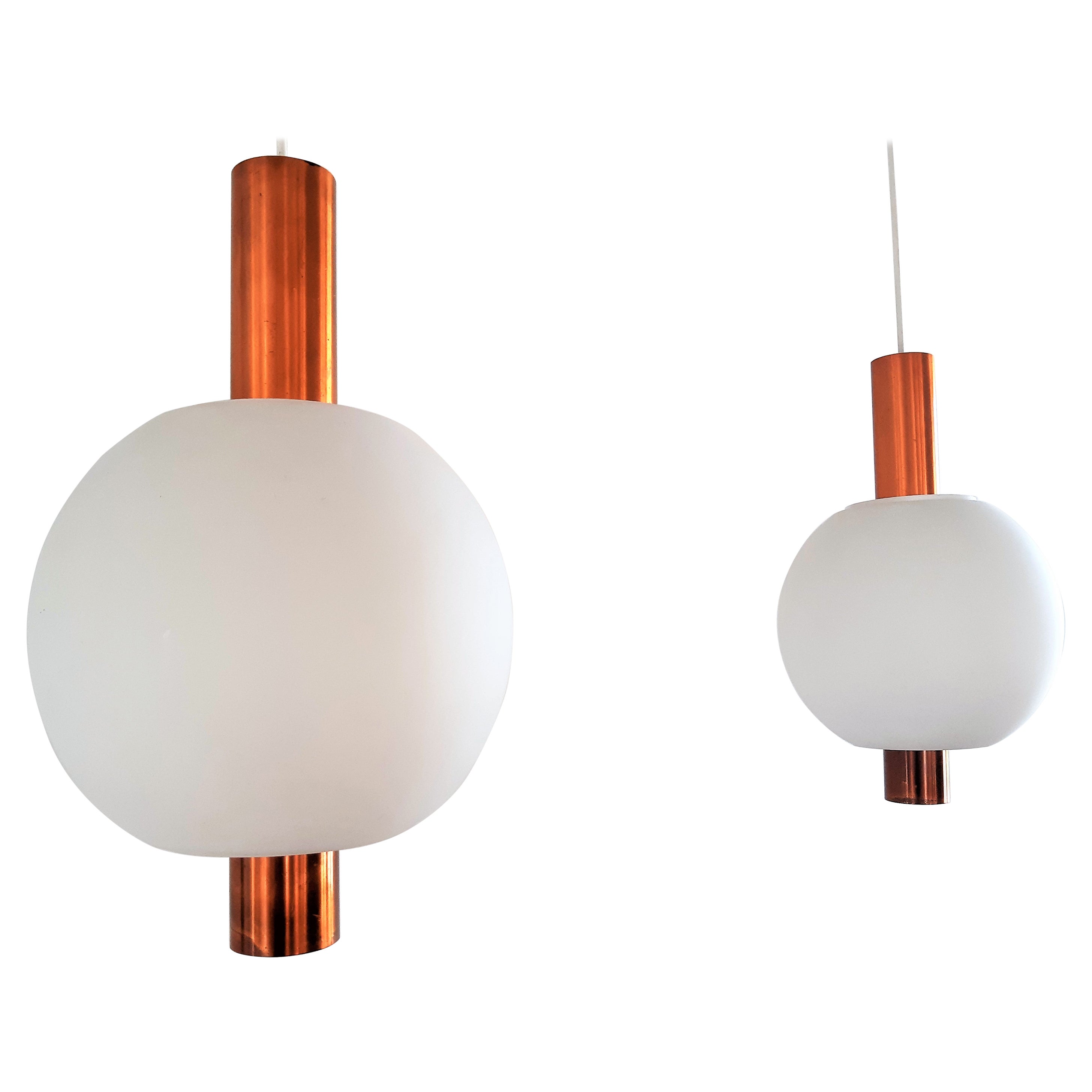 Set of 2 Copper and Glass Pendant Lamps for Hiemsrta Evolux, 1960's For Sale