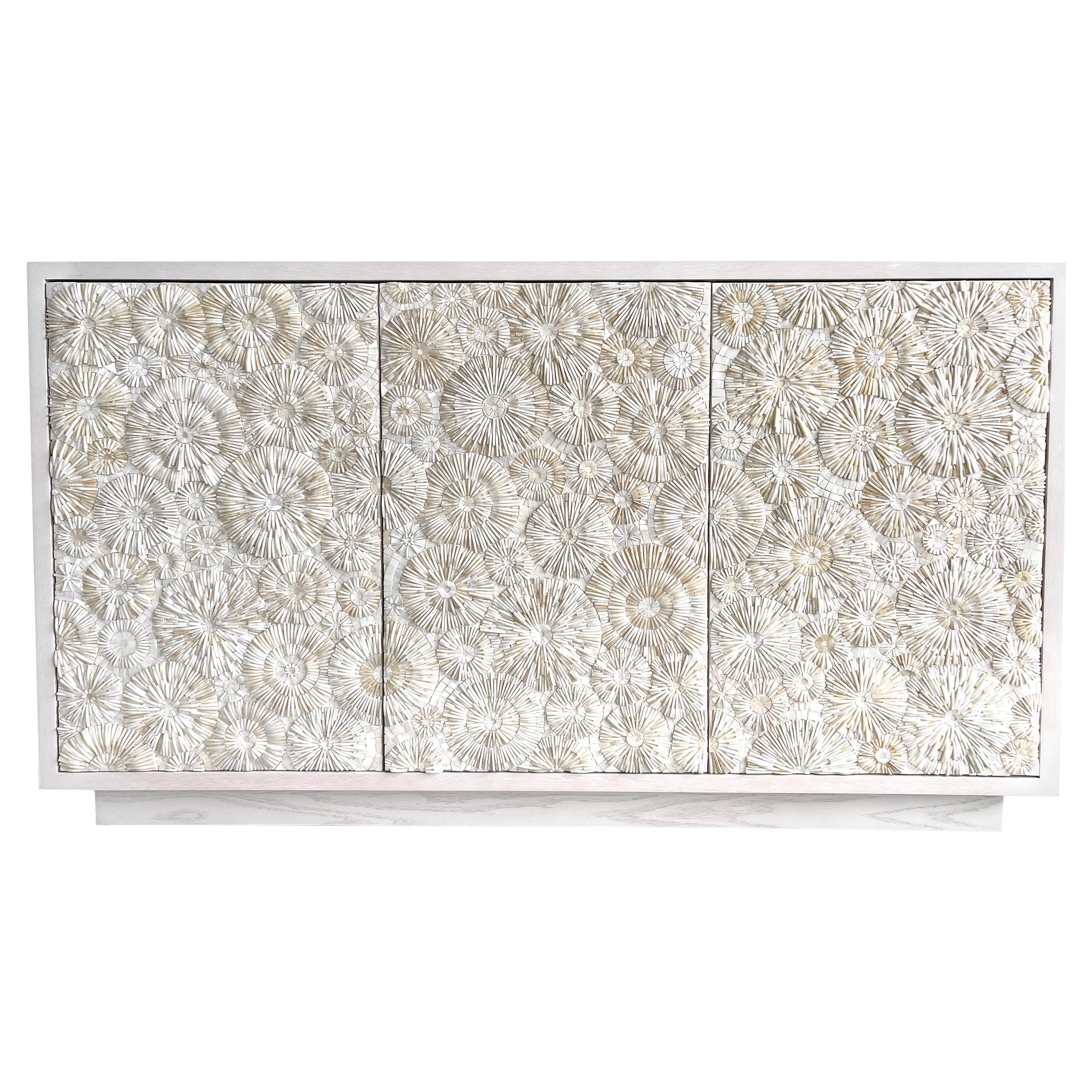 Modern White Mosaic Blossom 3-Door Buffet with Ivory White Oak by Ercole Home