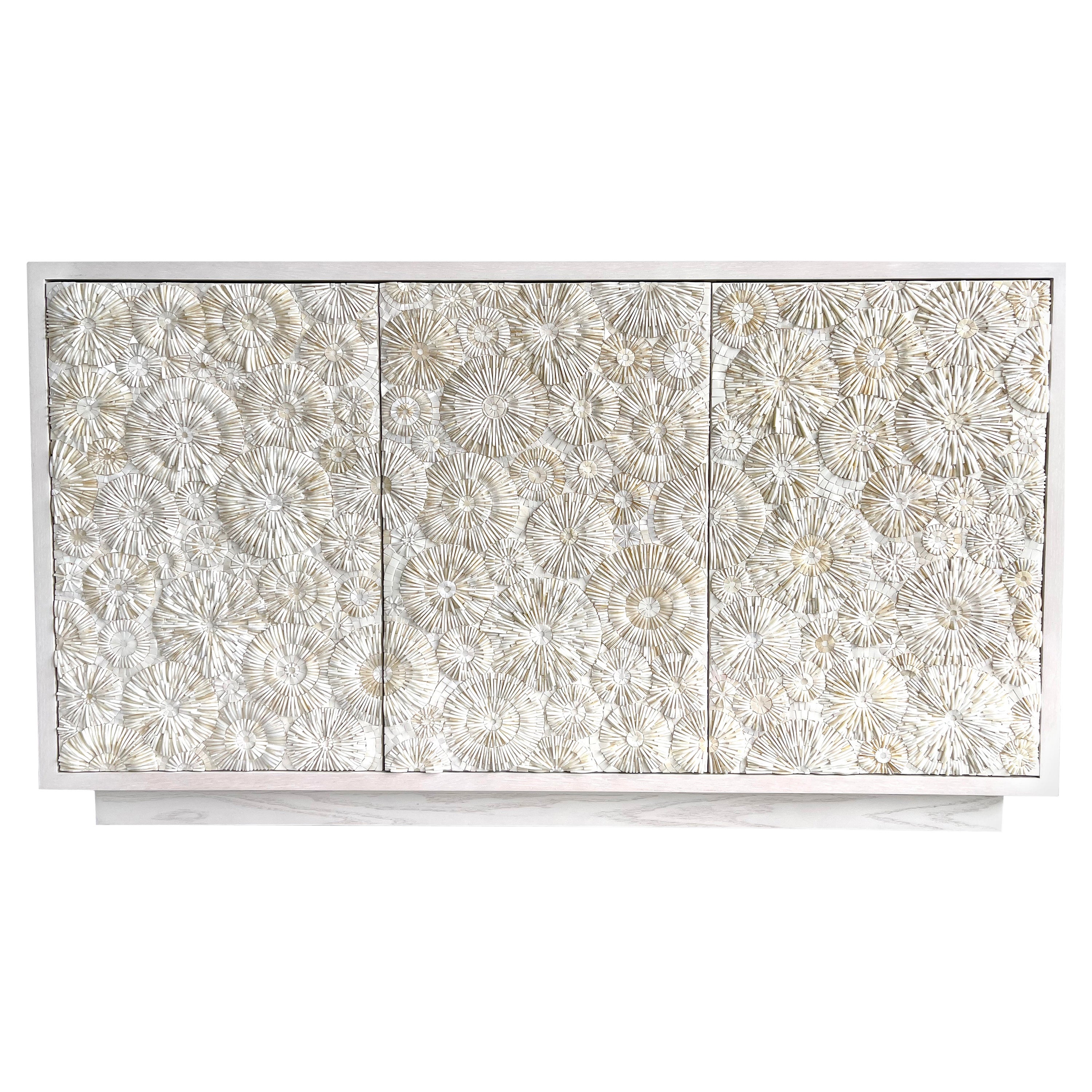 Modern White Mosaic Blossom 3-Door Buffet with Ivory White Oak by Ercole Home