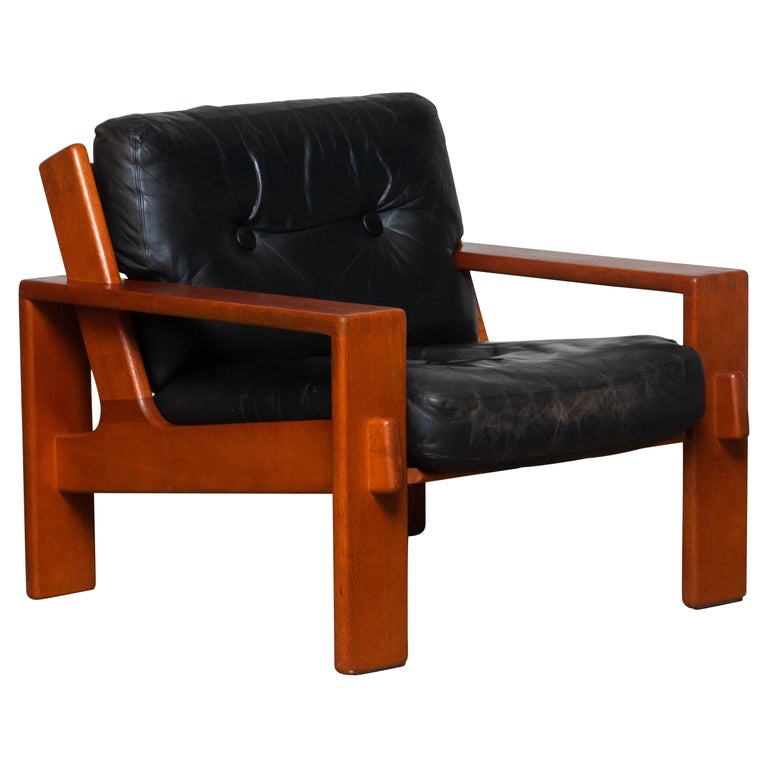 1960s, Teak and Black Leather Cubist Lounge Chair by Esko Pajamies for Asko For Sale