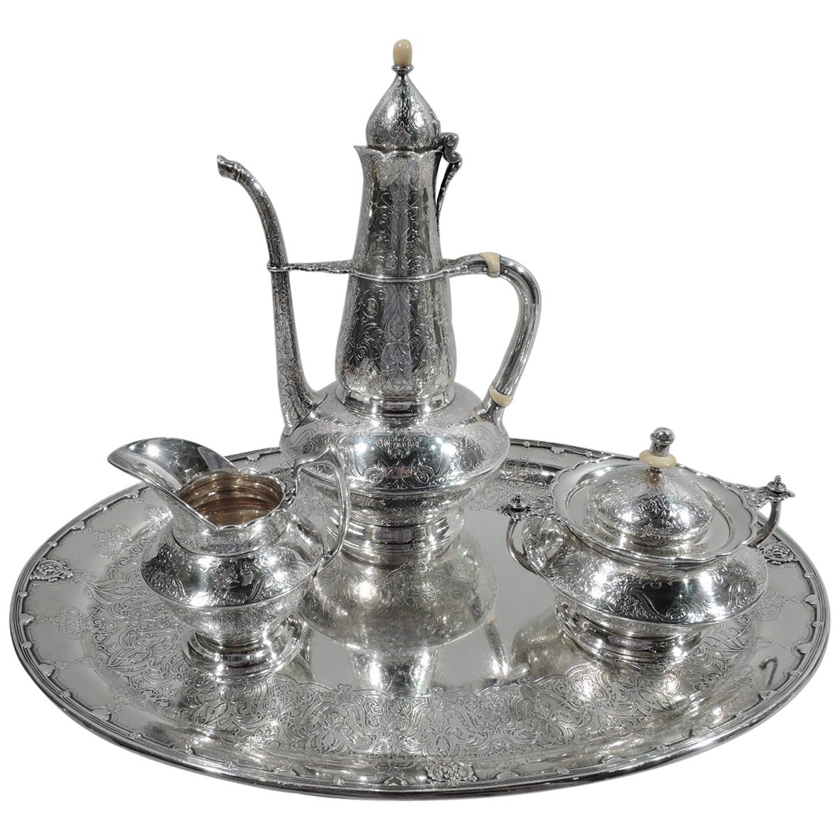 Antique Tiffany Sterling Silver Coffee Set on Tray in Persian Pattern