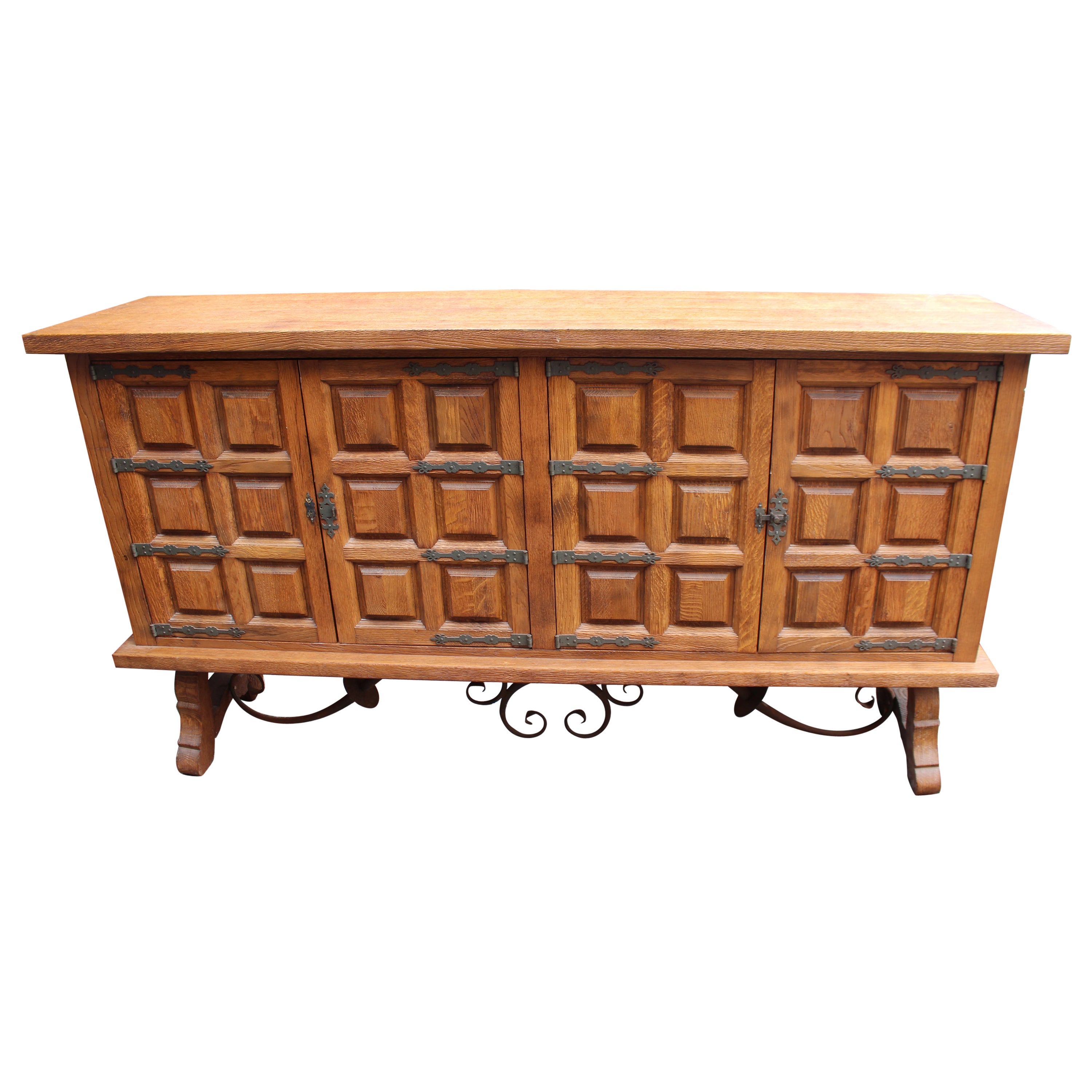 Heavy Spanish Oak Side Cabinet with Geometric Panel Doors For Sale