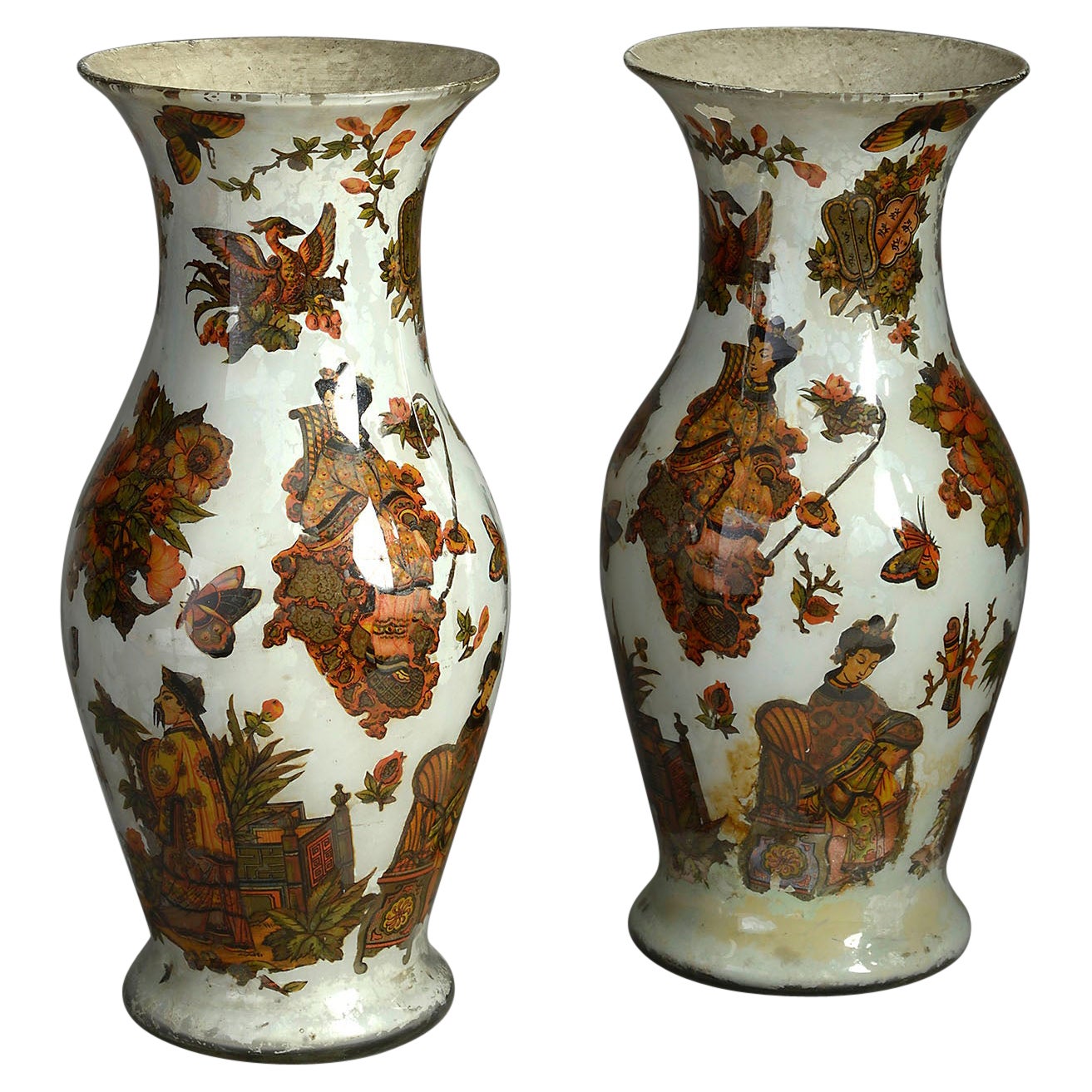 Pair of 19th Century Decalcomania Glass Vases