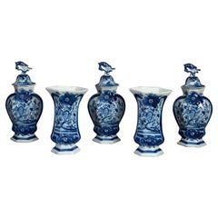 Antique 19th Century Garniture of Five Blue & White Delft Vases