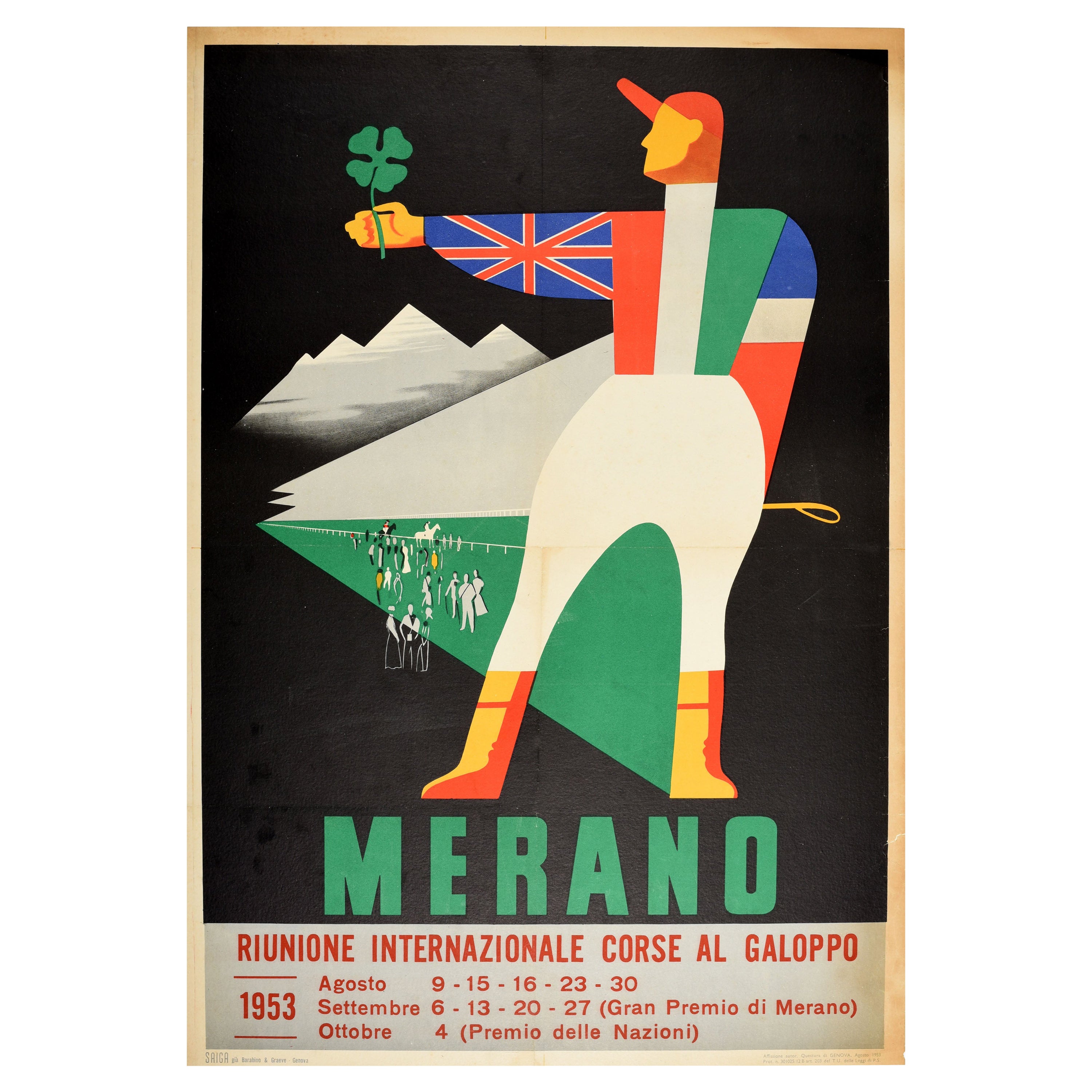 Affiche de sport vintage d'origine Merano Corse Al Galoppo, Italie, Course de chevaux de galop en vente
