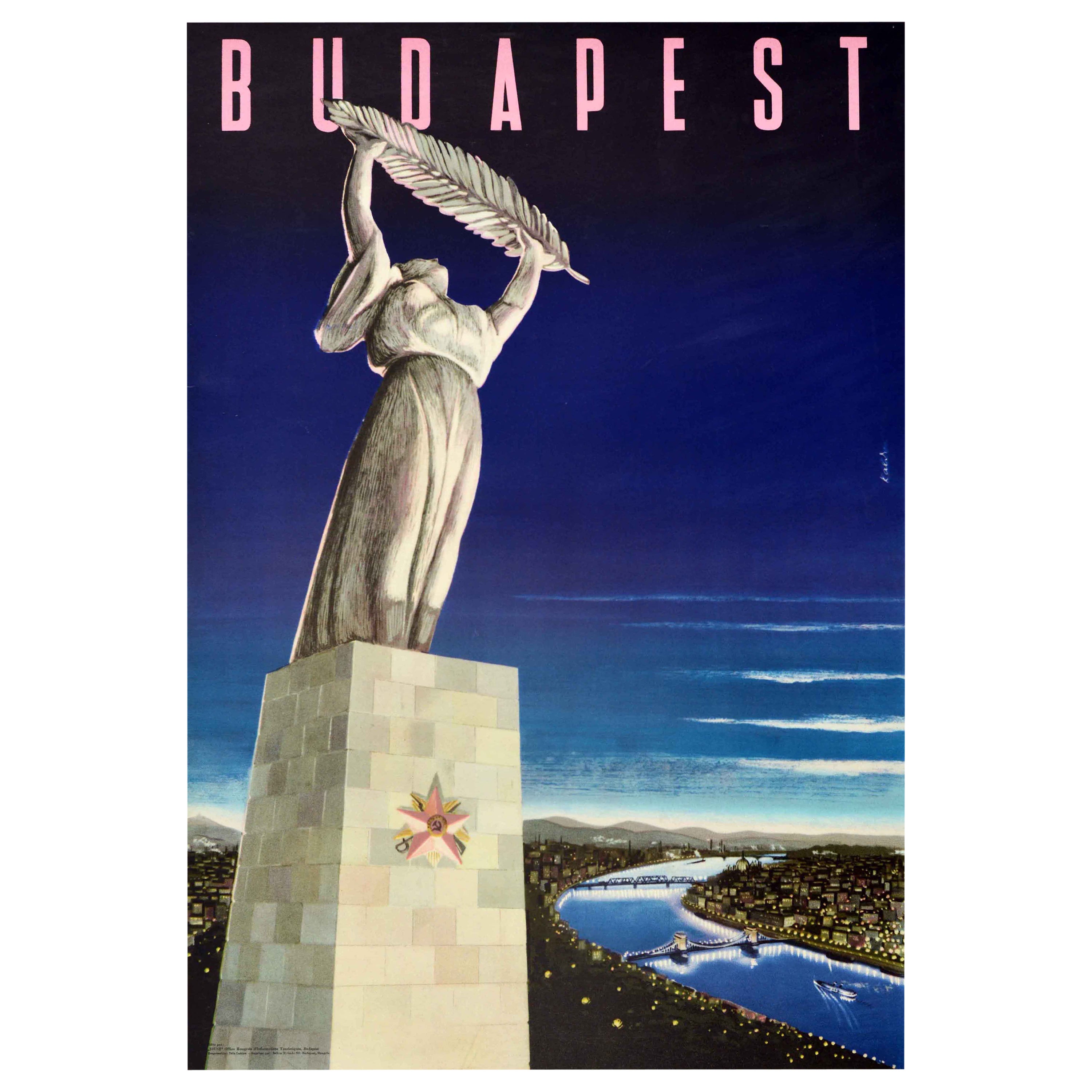 Original Vintage Travel Poster Budapest Hungary Freedom Statue Danube City View