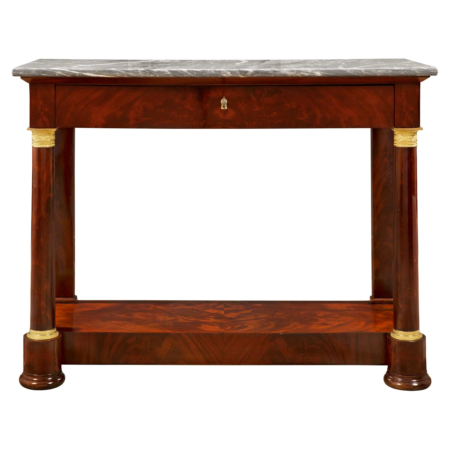 French 19th Century Empire Style Flamed Mahogany, Ormolu and Marble Console