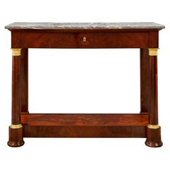 French 19th Century Empire Style Flamed Mahogany, Ormolu and Marble Console