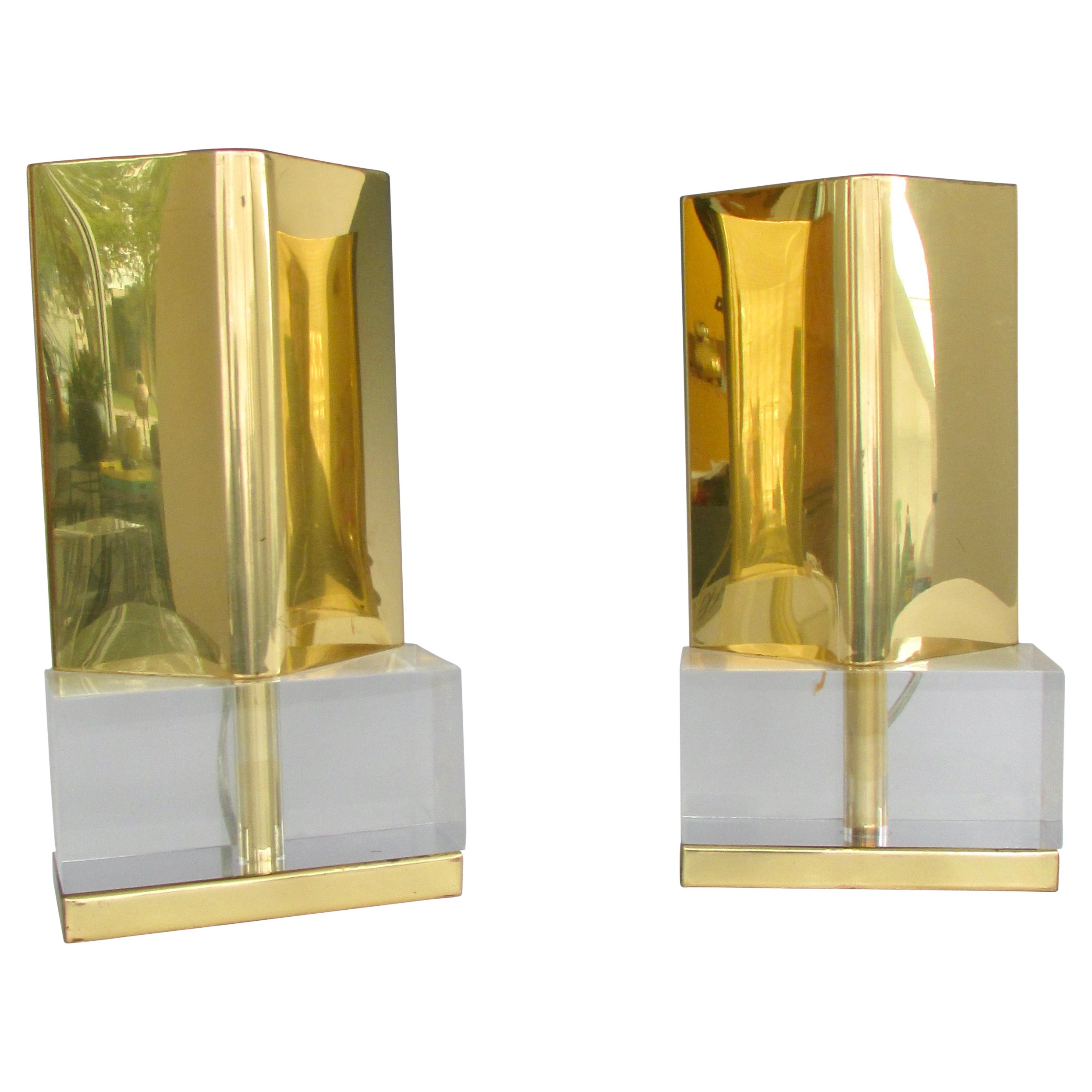Pair of Chapman Cedric Hartman Style Table or Shelf Top Sconces on Lucite Base