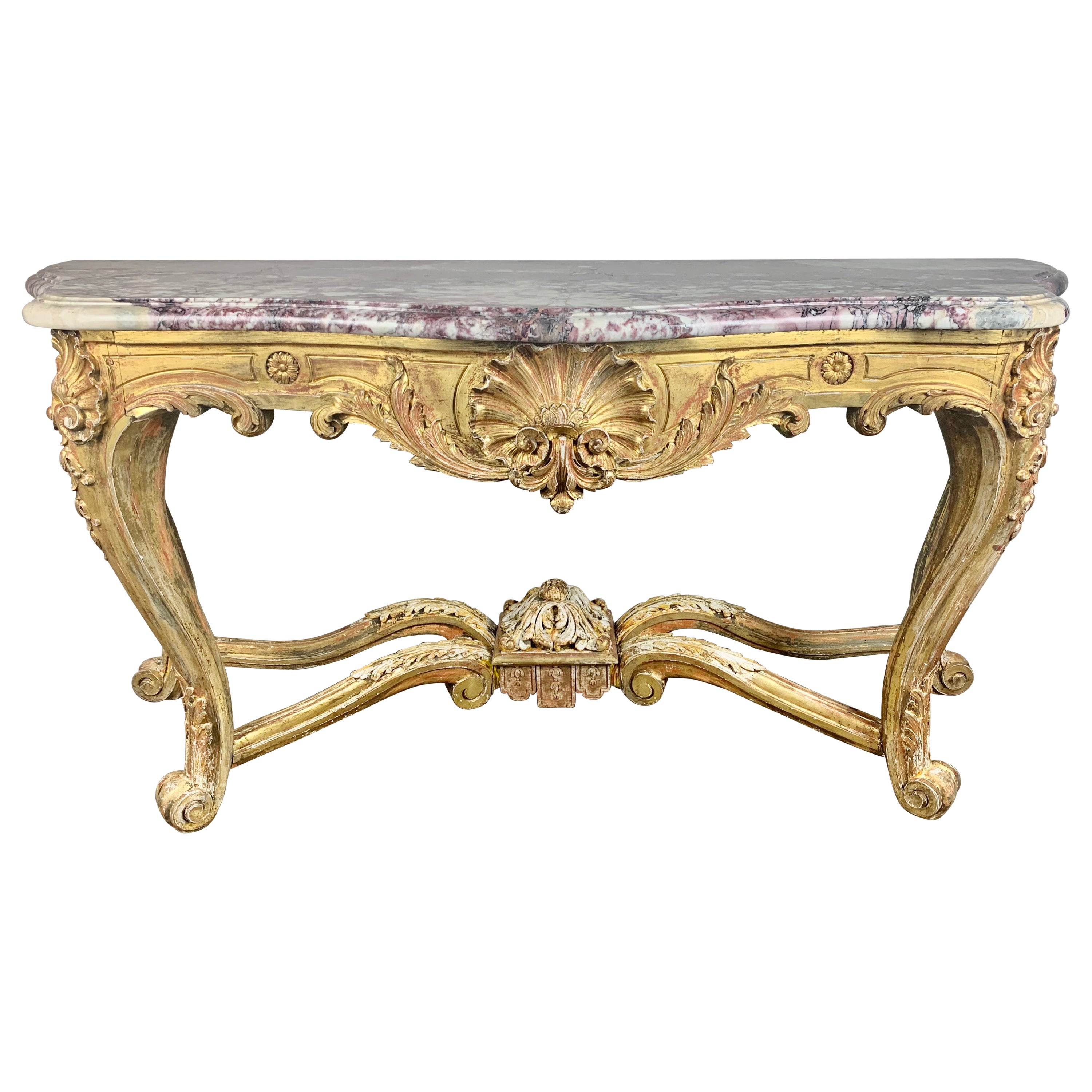 19th C. French Giltwood Rococo Style Console with Marble Top