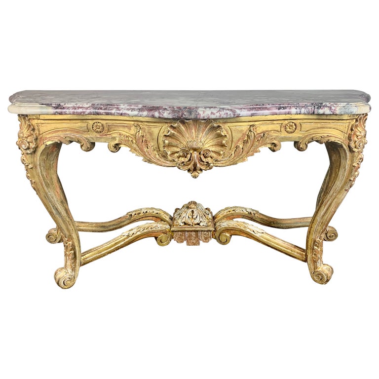Consola Rococo 19th C. French Giltwood Rococo Style Console with Marble Top at 1stDibs