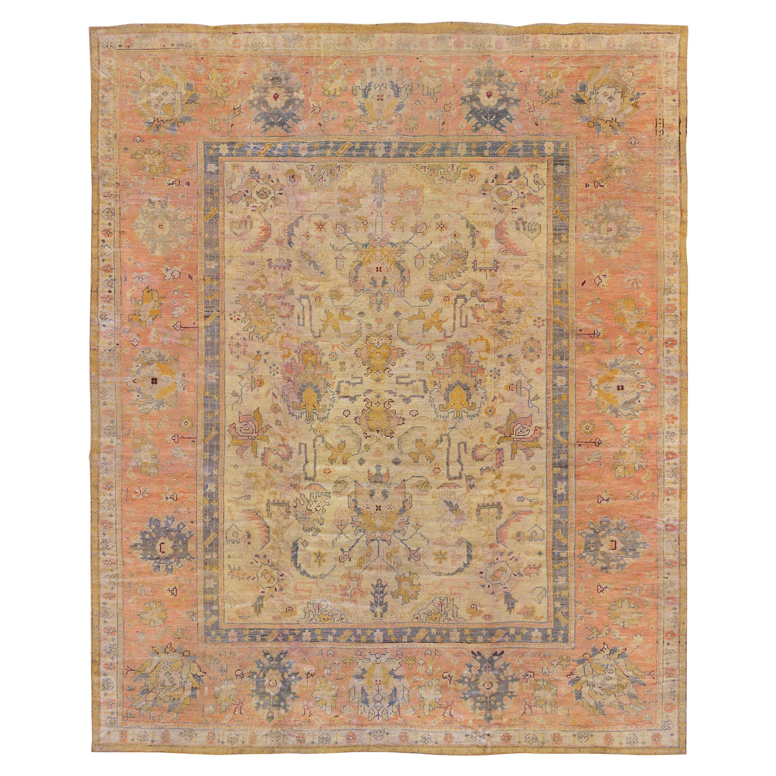 Antique Wool Late 19th Century Handwoven Oushak Rug