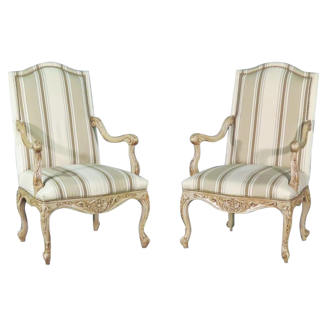 Pair Carved Painted French Louis XV Style Armchairs, Circa 1960