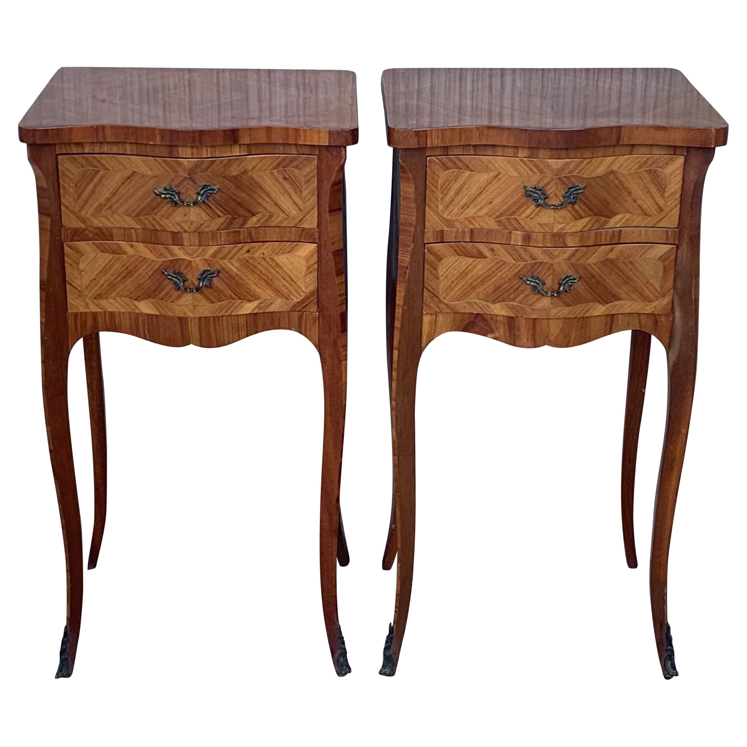 Pair of French Marquetry Nightstands with Two Drawers and Bronze Hardware