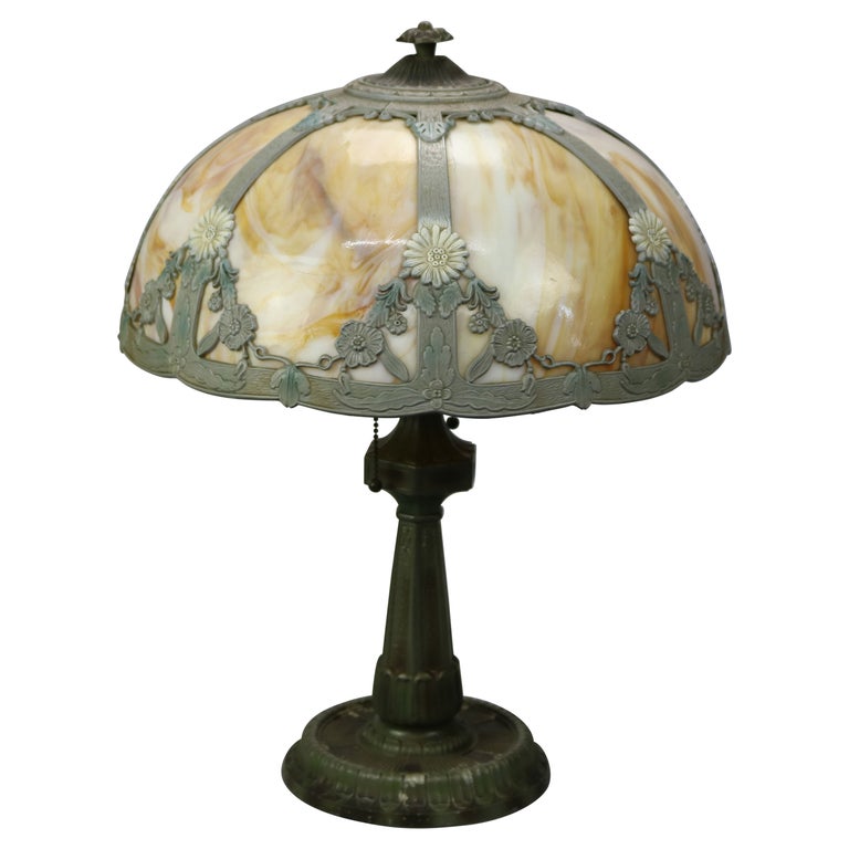 Antique Arts & Crafts Slag Glass Table Lamp, Bradley & Hubbard School, c1920 For Sale