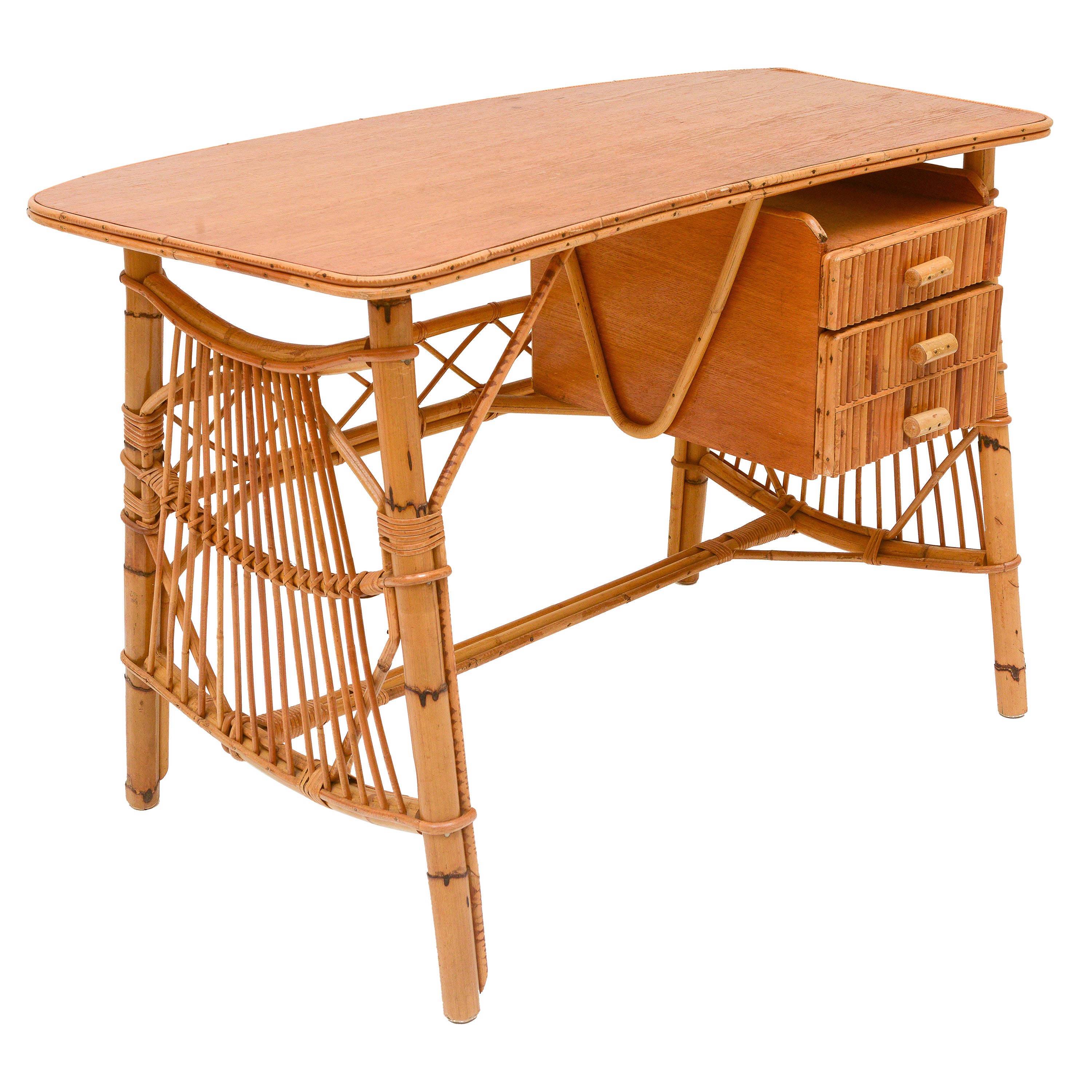 Bamboo Rattan Vintage French Desk, France, 1970's