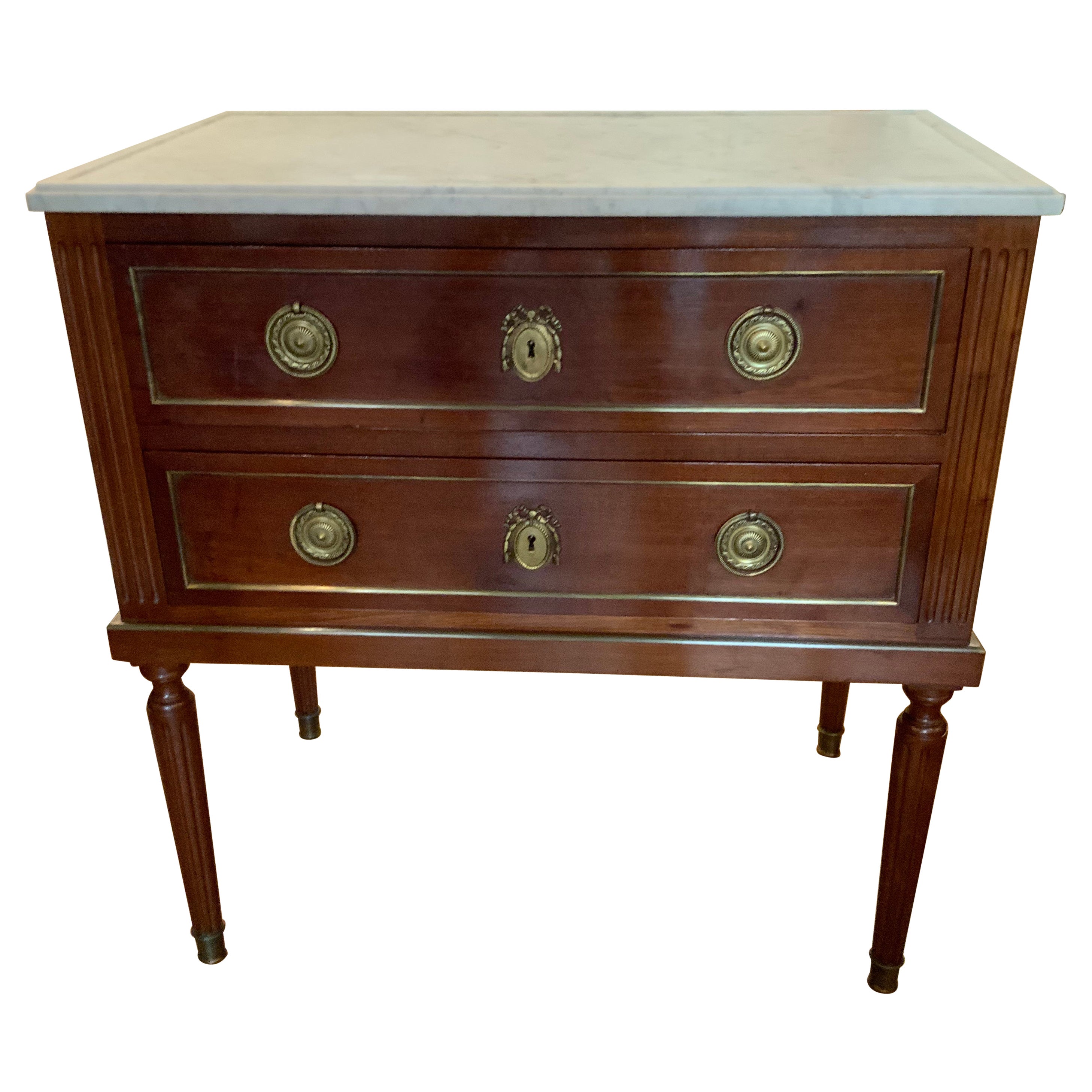 French Louis XVI-Style Mahogany Commode with White Marb, e Top