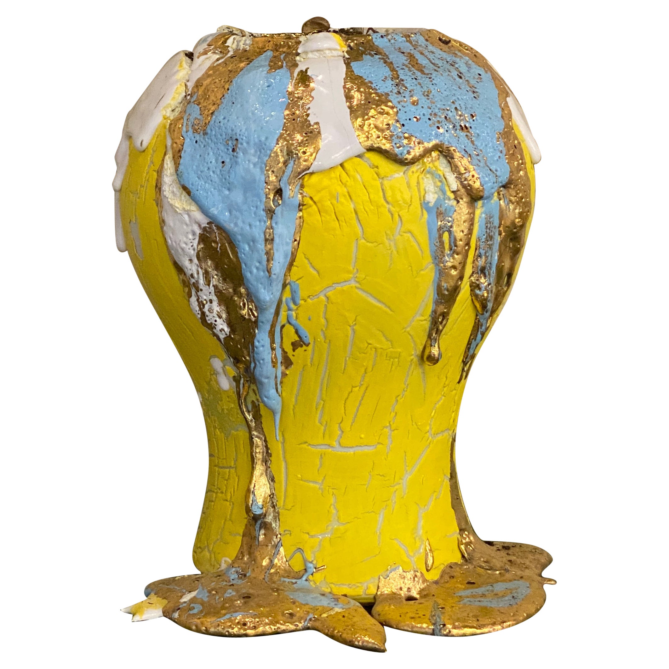 Contemporary Yellow & Gold Porcelain Handmade Vase For Sale