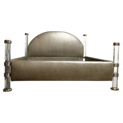 Vintage Marcello Mioni Hollywood Regency Leather and Lucite King Size Bed, Italy c 1970s