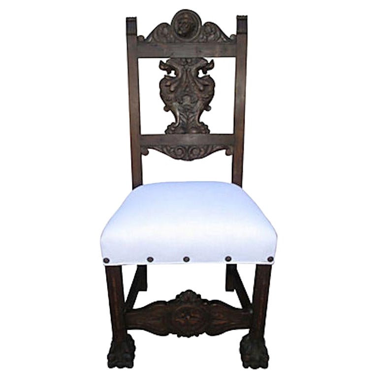 Antique English Figural Carved Chair / Walnut & White Linen