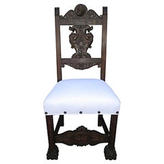 Antique English Figural Carved Chair / Walnut & White Linen 