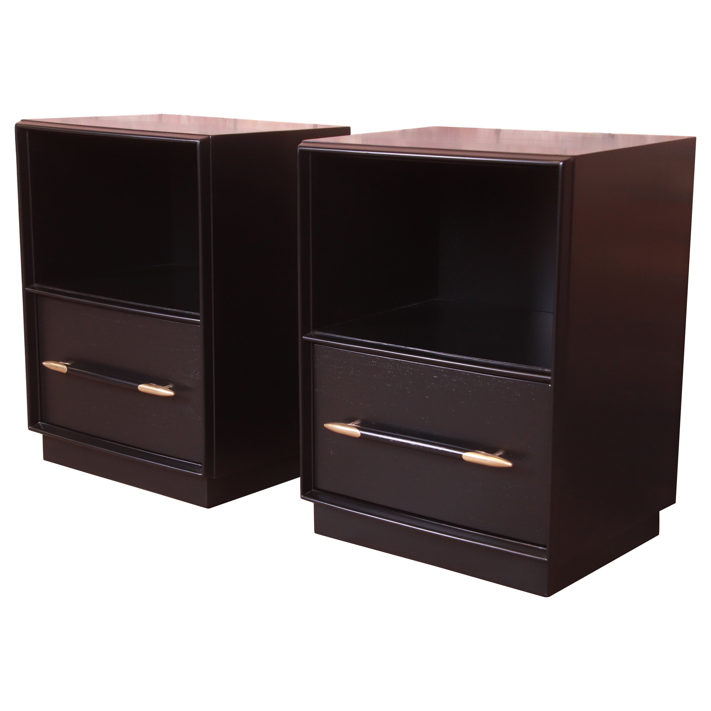 Robsjohn-Gibbings for Widdicomb Black Lacquered Nightstands, Newly Refinished