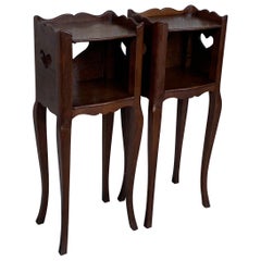 French Oak Pair of Nightstands with Heart Open Shelf, Cabinet, 1890s