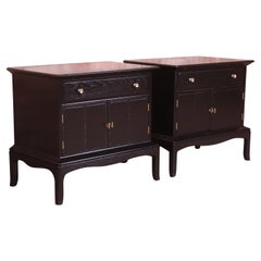 Vintage Thomasville Hollywood Regency Black Lacquered Nightstands, Newly Refinished