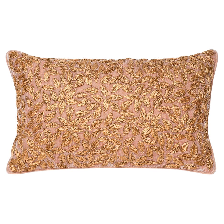 Contemporary Rose Pink Silk Velvet Pillow with Metallic Embroidery