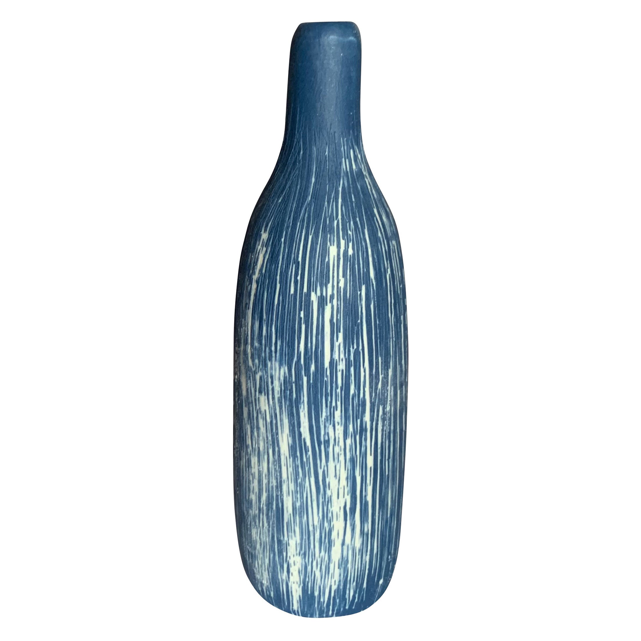 Blue and White Vertical Lines Ceramic Vase, Italy, Contemporary