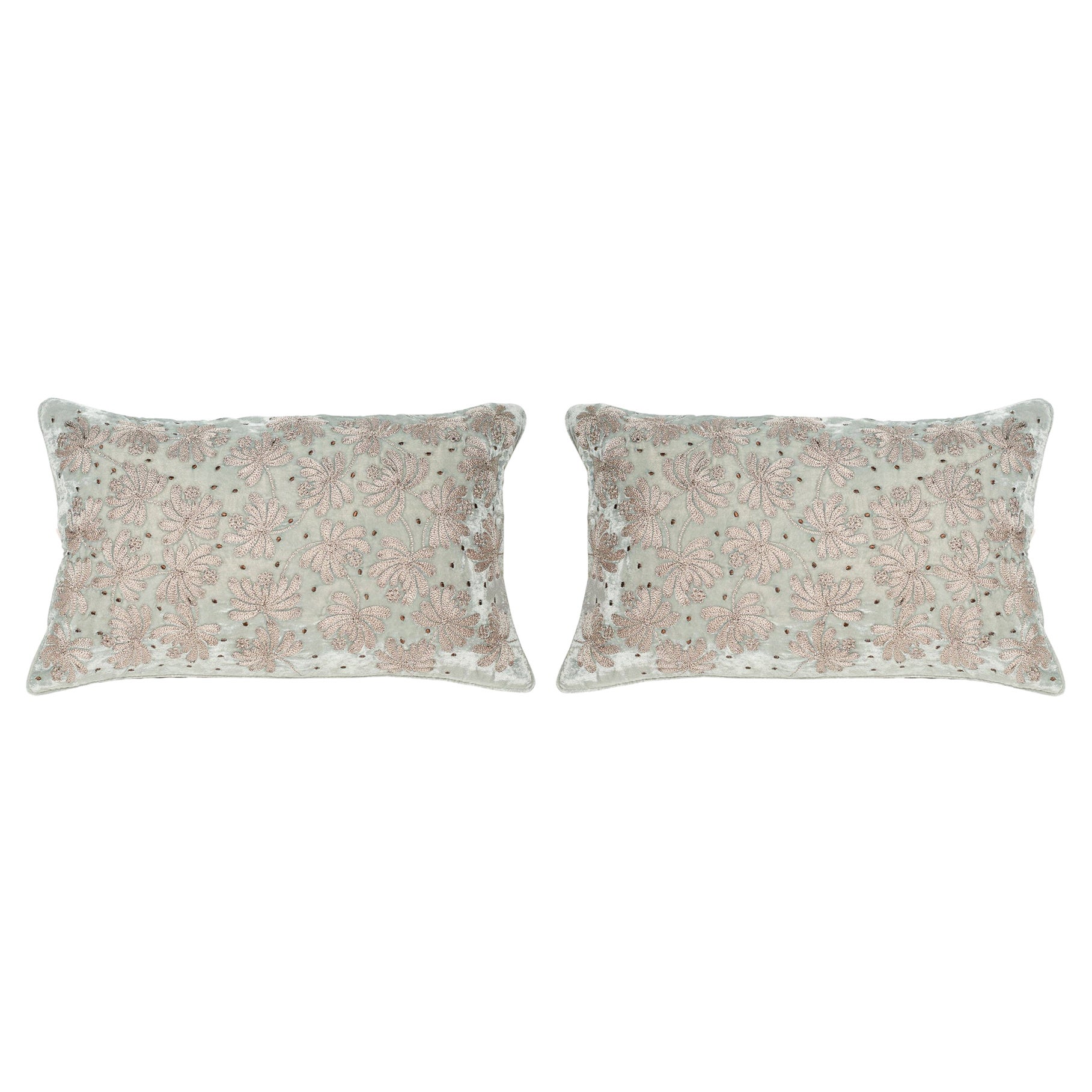 Contemporary Pair of Light Blue Silk Velvet Pillow with Metallic Embroidery