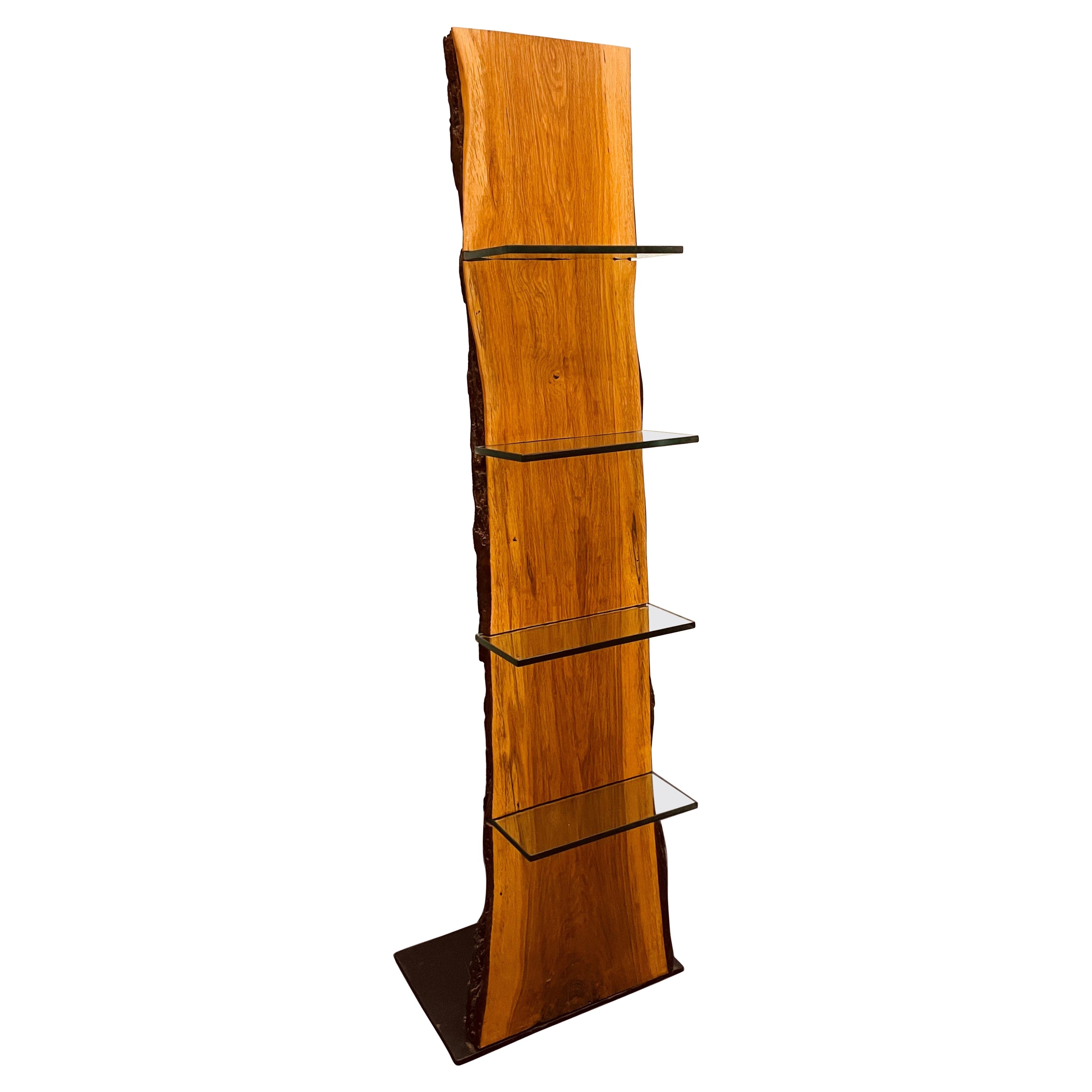 Custom Made Slab Red Oak Stand with Glass Shelves For Sale at 1stDibs