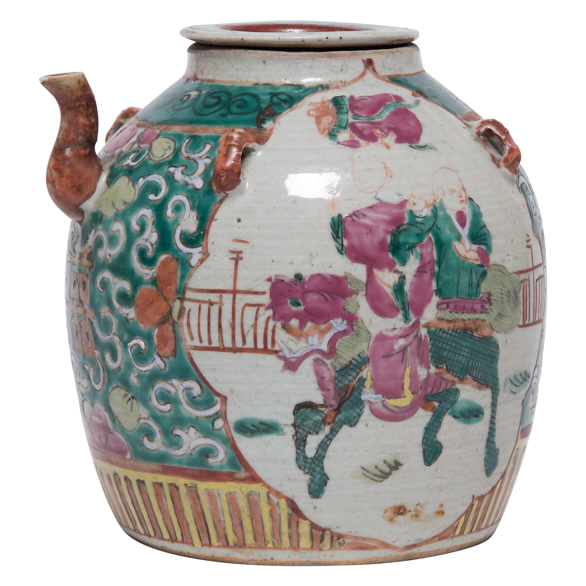 Chinese Enamelware Teapot with Mythical Qilin, c. 1920s For Sale