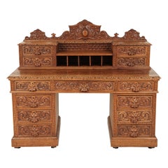 Antique Victorian Desk, Carved Oak, Green Man Dickens Desk, Scotland 1880 B2447