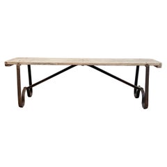 Vintage Weathered Teak Wood Bench with Metal Legs