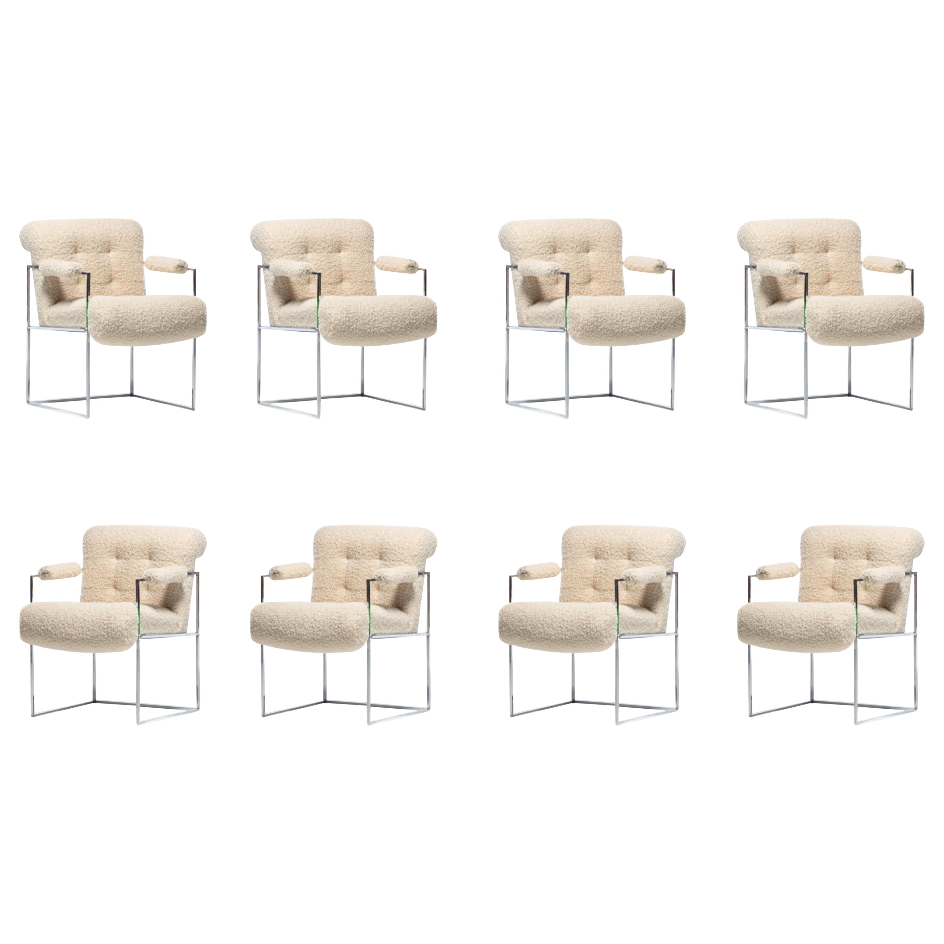 Milo Baughman Set of 8 Chrome Dining Chairs in Ivory Bouclé, c. 1975