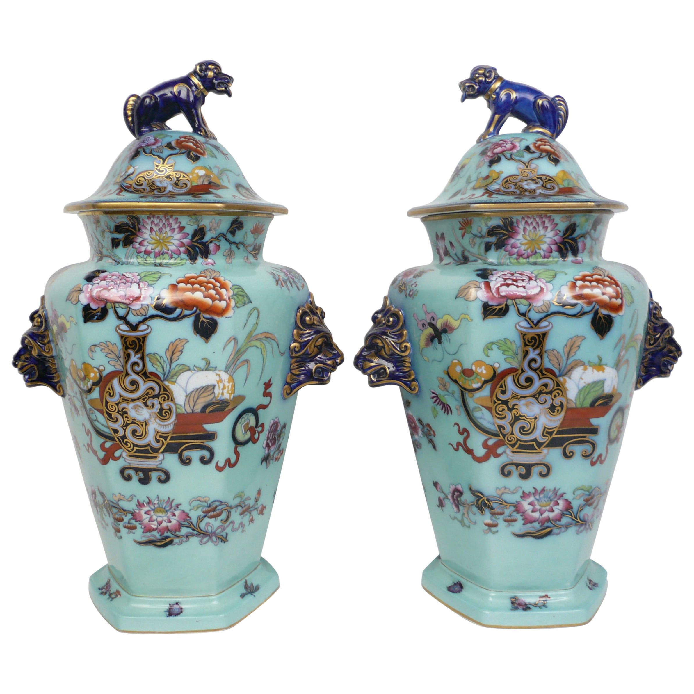 Large Pair of English Ironstone Lidded Vases with Foo Dog Finials
