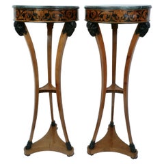 Pair Regency Satinwood and Penwork Marble Topped Tripod Form Stands