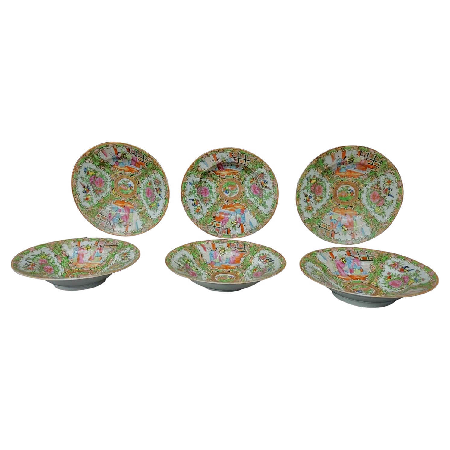 6 Chinese Rose Medallion Porcelain Soup Bowls, 19th Century