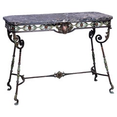 Antique Aesthetic Movement Polychrome Wrought Iron & Marble Console Table 19th C