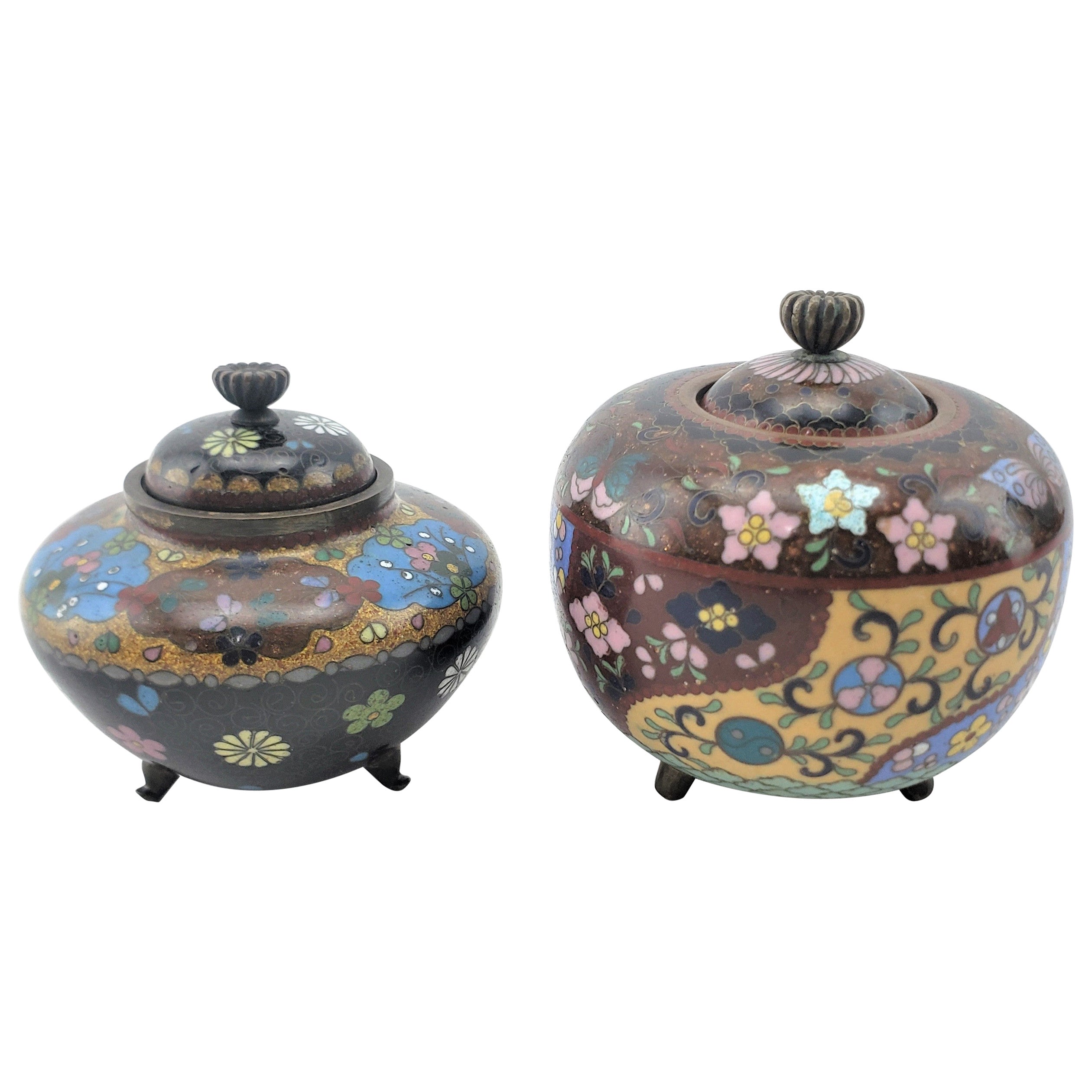 Pair of Antique Japanese Cloisonne Covered Jars with Floral Motif Decoration