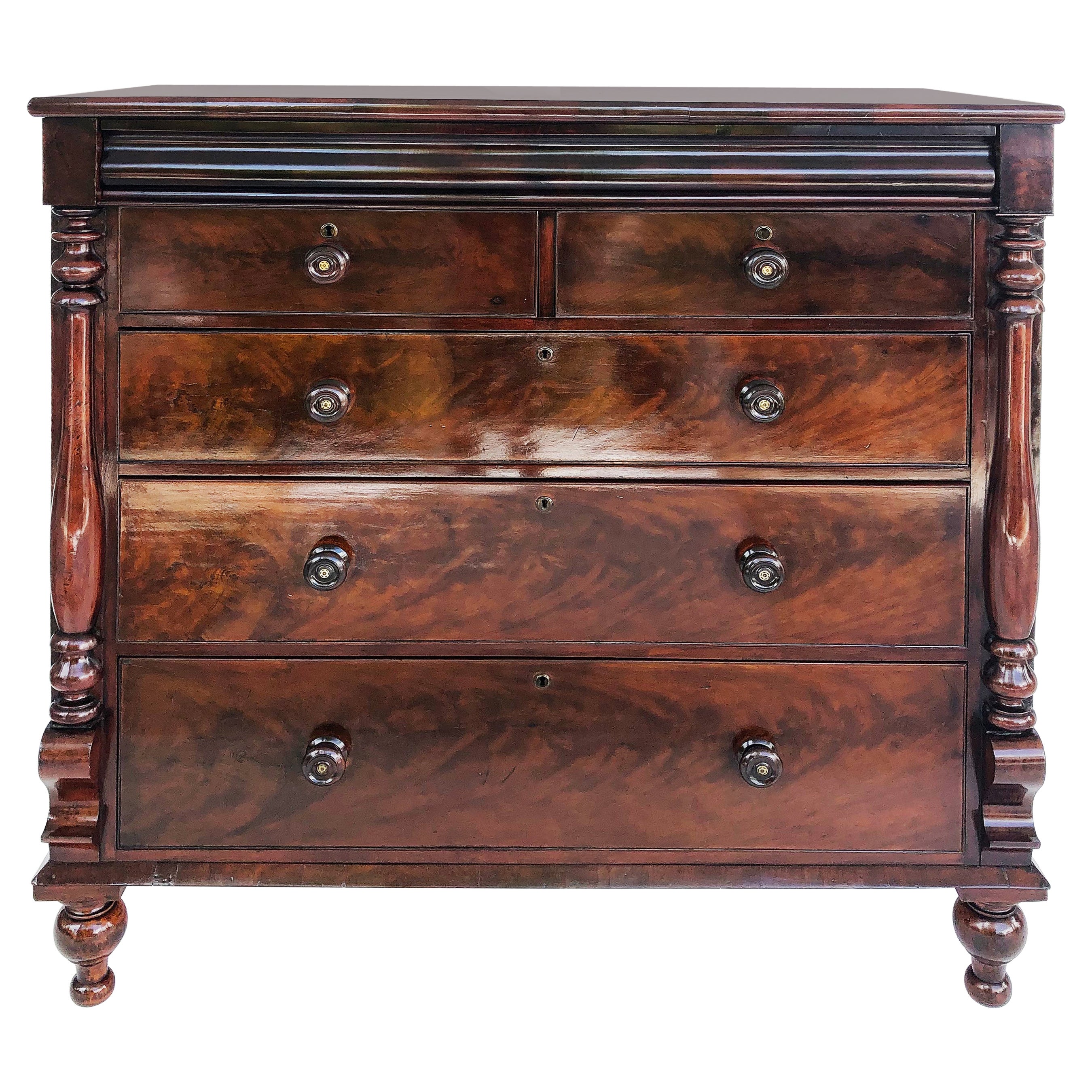 1830s American Empire Flame Mahogany Chest of Drawers with Mother of Pearl Pulls