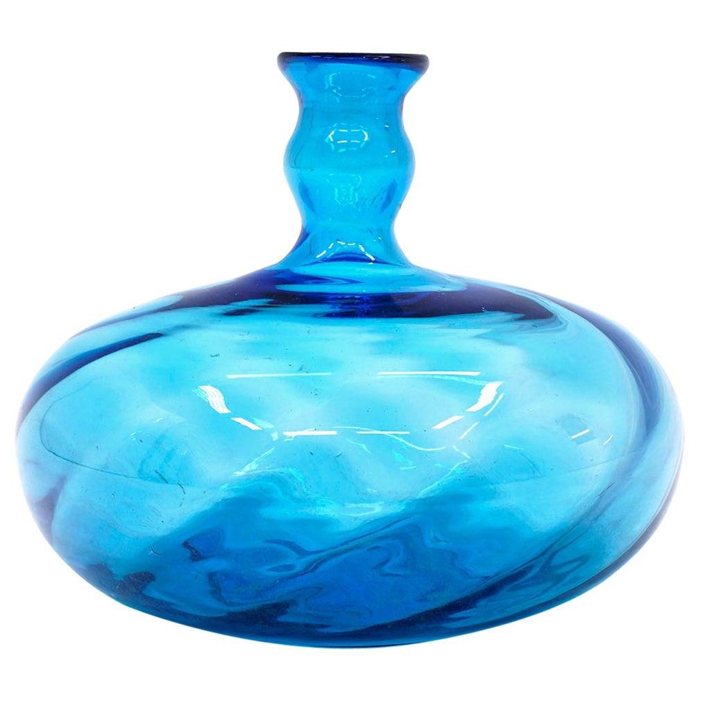 Blenko Blue Art Glass Bulbous Vase W/ Narrow Neck, Hand Blown Undulating Form