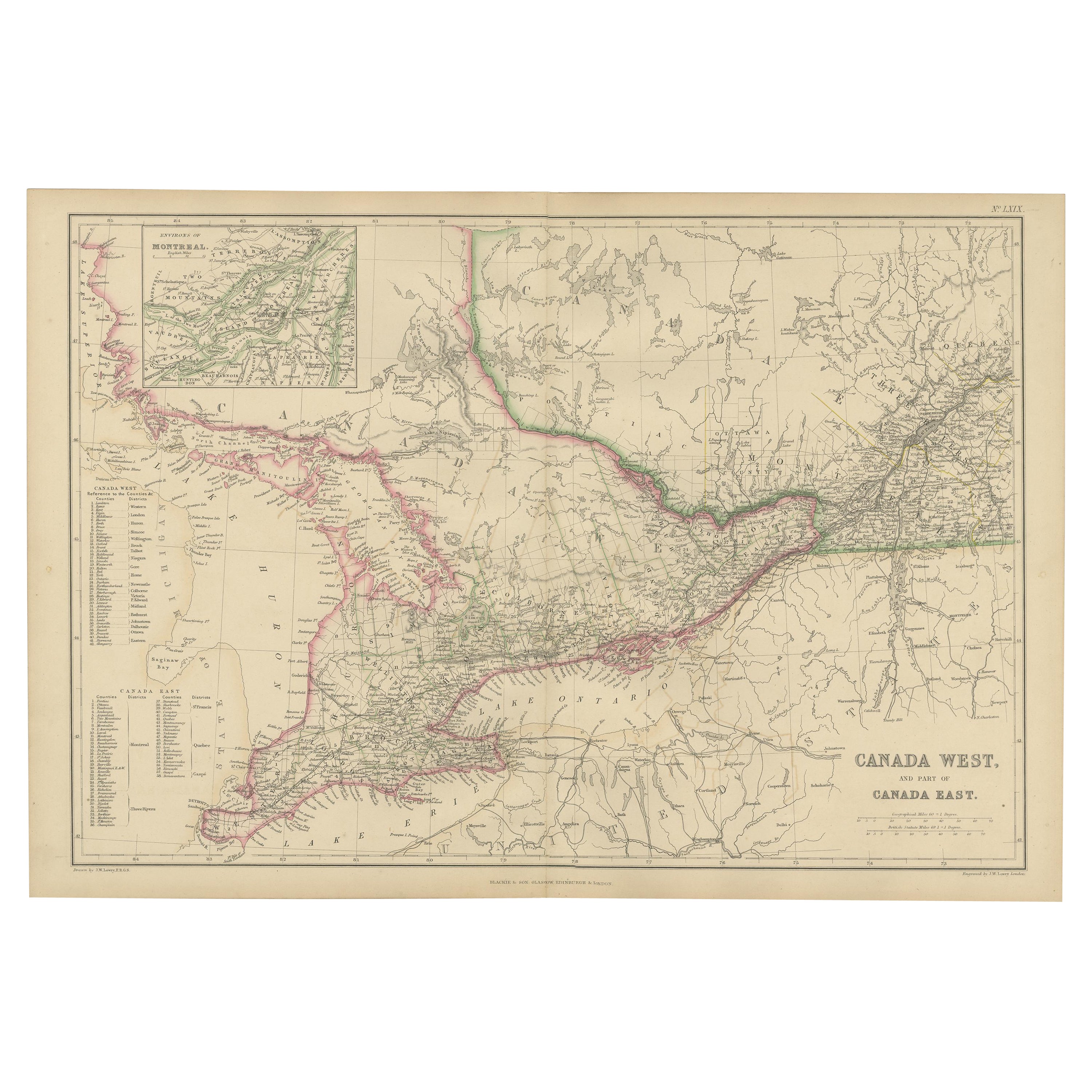 Antique Map of Canada West and Part of Canada East by W. G. Blackie, 1859 For Sale