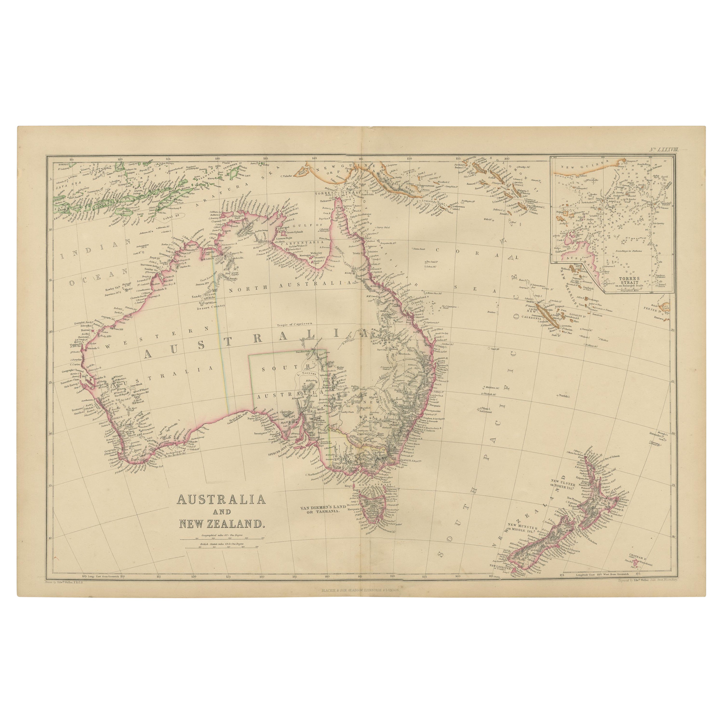 Antike Karte von Australien und Neuseeland von W. G. Blackie, 1859