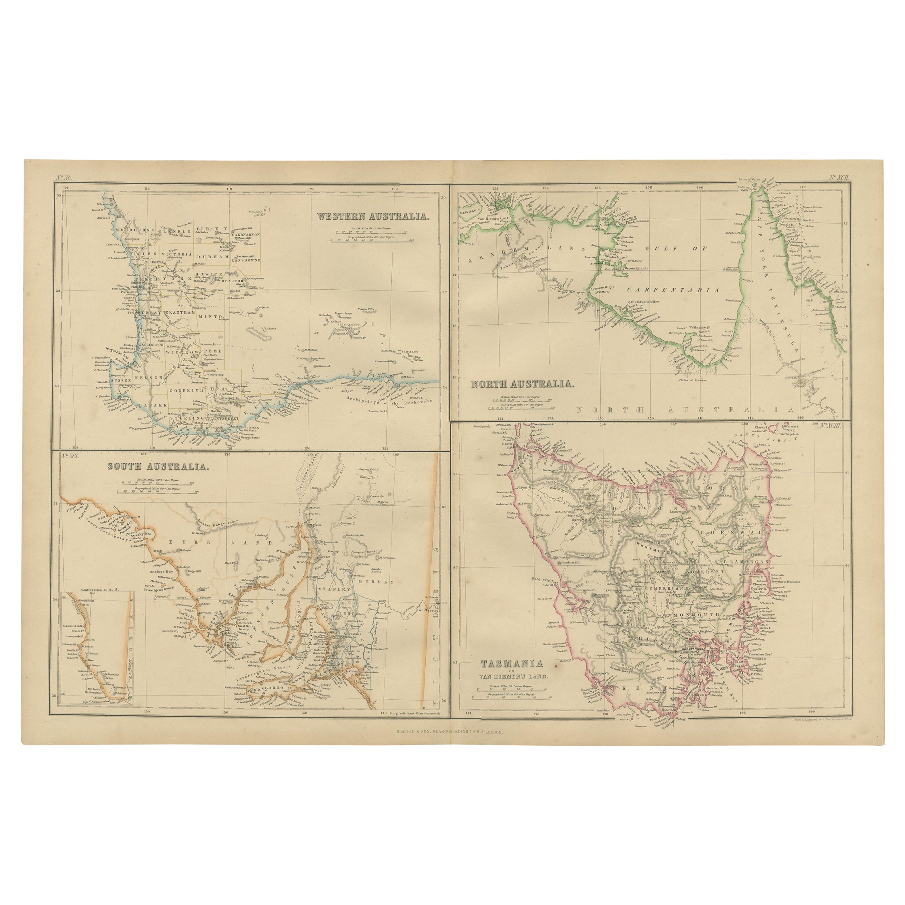 Antike Karte von West-, Süd-, Nord- und Tasmania von W. G. Blackie, 1859