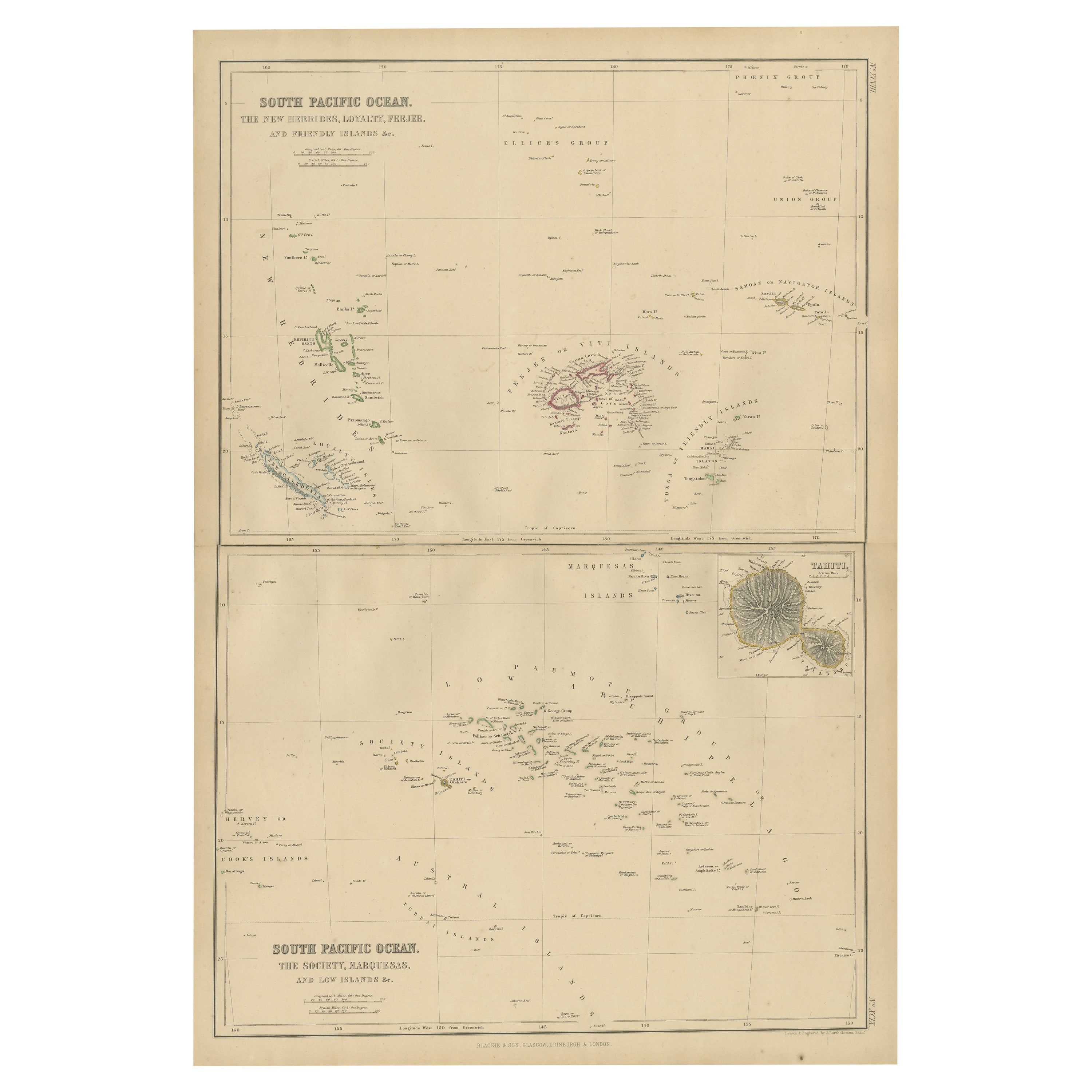 Antique Map of South Pacific Ocean by W. G. Blackie, 1859