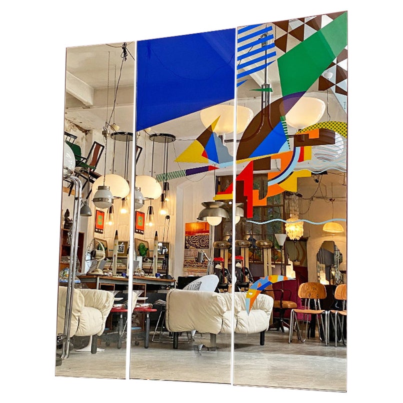 Grand miroir décoratif moderne italien avec design abstrait multicolore, années 1980 en vente