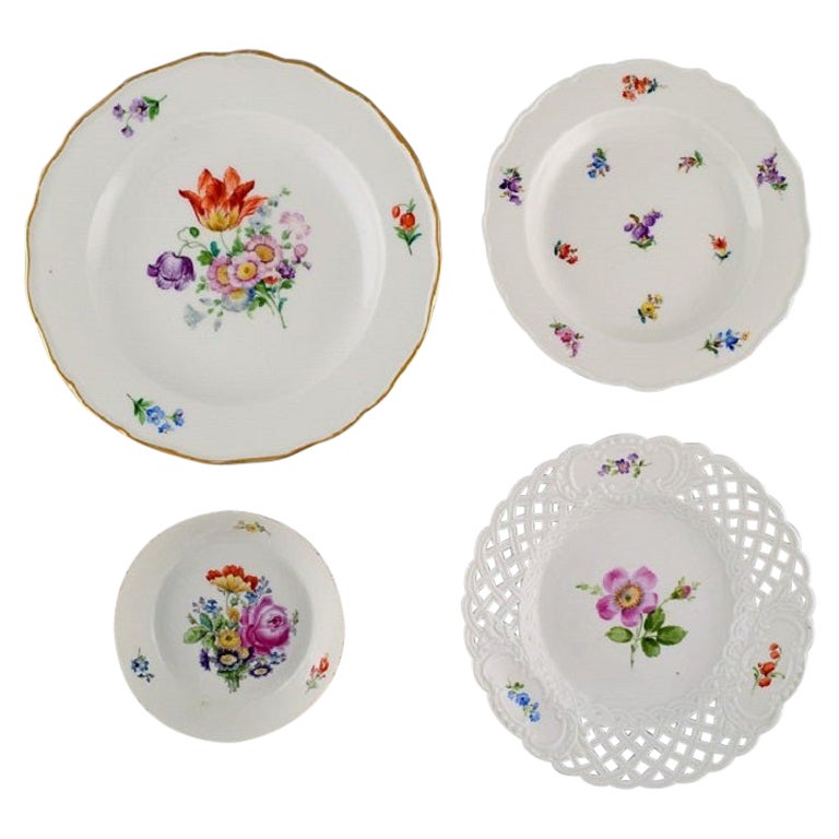 Antique Meissen Bowl and Three Porcelain Plates with Hand-Painted Flowers